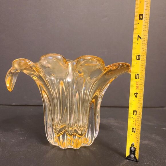 Tulip Blown Art Glass Vase Bowl Amber Clear Ribbed Drip Waterfall - Picture 6 of 6